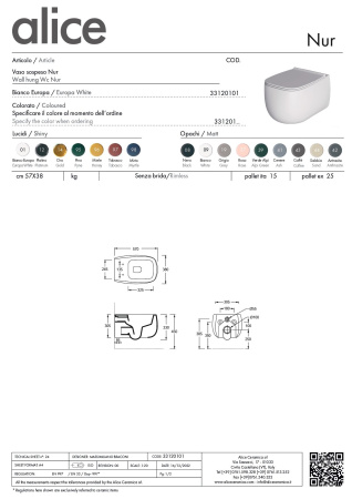 Чаша унитаза подвесная Alice Nur 33120101 цвет белый глянцевый без сиденья безободковая