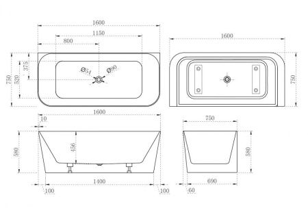 Ванна акриловая Abber AB9223-1.6 160х75 пристенная прямоугольная с каркасом