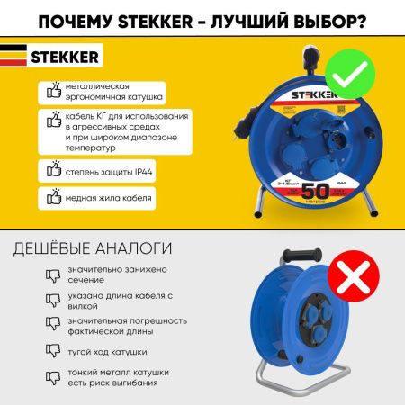 Удлинитель на металлической катушке 4-местный 50м Stekker PRF02-31-50 39787