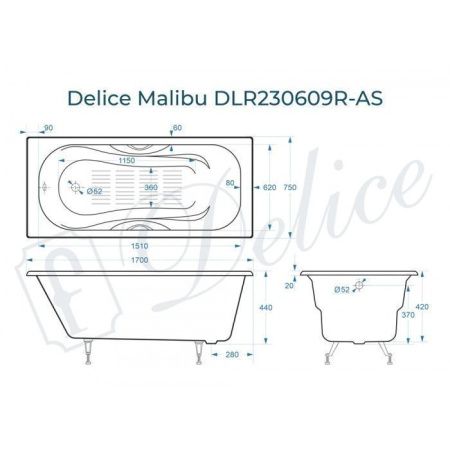 Ванна чугунная Delice Malibu DLR230609R-AS 170х75 пристенная прямоугольная без ножек с отверстиями под ручки