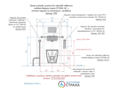 Инсталляция с закладными для подвесного унитаза для инвалидов с кнопкой смыва из нержавеющей стали Dstrana SANTEYA STEEL 9198