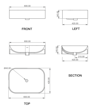 Раковина керамическая GSG Ceramic Design Easy EALAVTP60038 60х40 накладная цвет серый без отверстий под смеситель