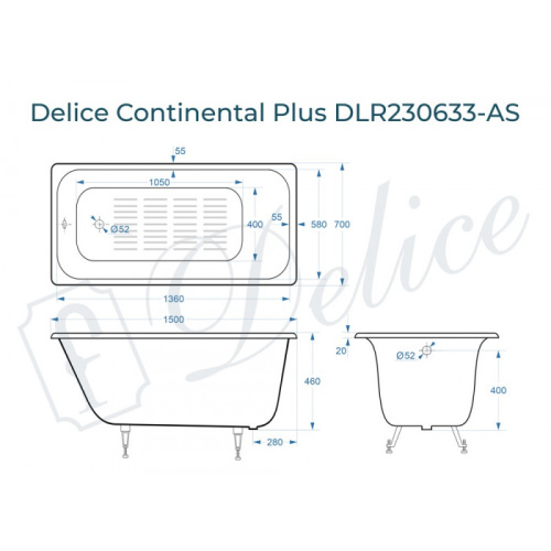 Ванна чугунная Delice Continental PLUS DLR230633-AS 150х70 пристенная прямоугольная - фото 2