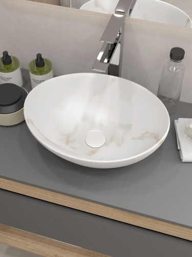 Раковина из сантехнического фарфора Teymi Lori T50482 41х33 накладная цвет белый мрамор без отверстий под смеситель - фото 5