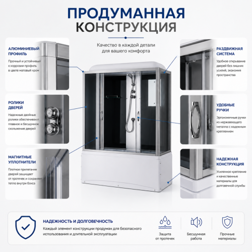 Душевой бокс Taliente  TA-15070G 150х70 стекло тонированное профиль хром - фото 4
