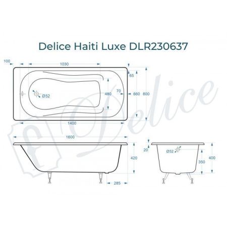 Ванна чугунная Delice Haiti Luxe DLR230637 160х80 пристенная прямоугольная без ножек