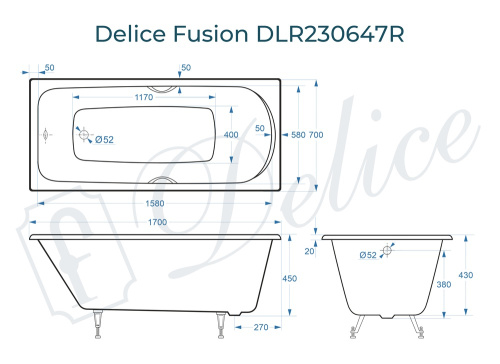 Ванна чугунная Delice Fusion DLR230647R 170х70 пристенная прямоугольная без ножек с отверстиями под ручки - фото 3