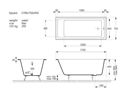 Ванна чугунная Vinsent Veron Square VSQ1707545 170х75 пристенная прямоугольная с ножками