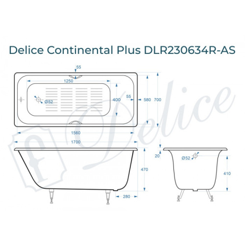 Ванна чугунная Delice Continental PLUS DLR230634R-AS 170х70 пристенная прямоугольная - фото 2
