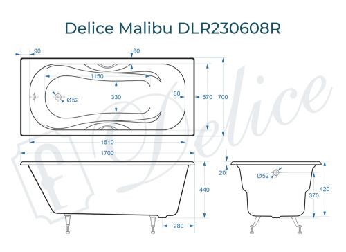 Ванна чугунная Delice Malibu DLR230608R 170х70 пристенная прямоугольная без ножек с отверстиями под ручки - фото 3