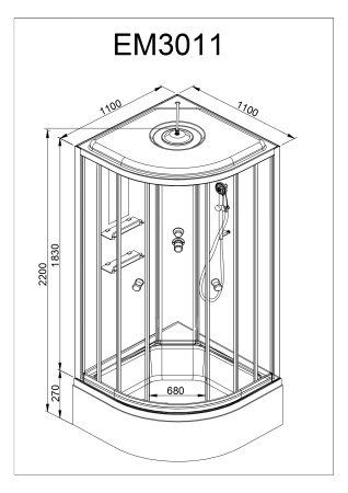 Душевая кабина AvaCan EM3011GM+EL 110х110 четверть круга с крышей ориентация универсальная