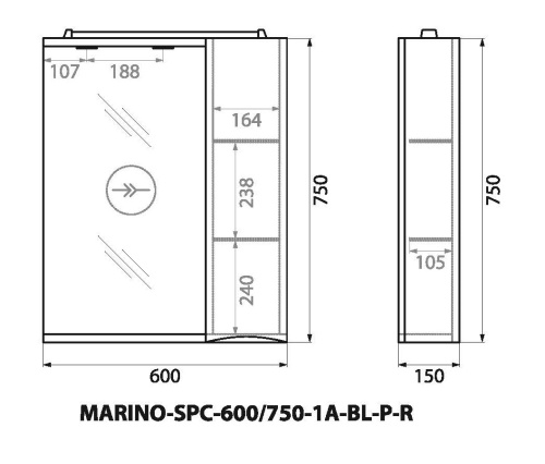 Зеркало-шкаф BelBagno Fly-Marino MARINO-SPC-600/750-1A-BL-P-R 60x75 - фото 2