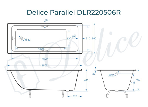 Ванна чугунная Delice Parallel DLR220506RB 180х80 пристенная прямоугольная без ножек с ручками - фото 3