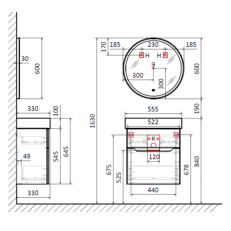 Тумба под раковину Jorno FOLK Folk.01.55/P/A/JR 50х30 подвесная цвет черный
