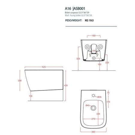 Биде подвесное Artceram A16 ASB001 36 00 цвет синий