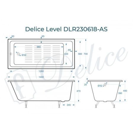 Ванна чугунная Delice Level DLR230618-AS 140х70 пристенная прямоугольная без ножек с антискользящим покрытием