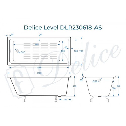 Ванна чугунная Delice Level DLR230618-AS 140х70 пристенная прямоугольная - фото 2