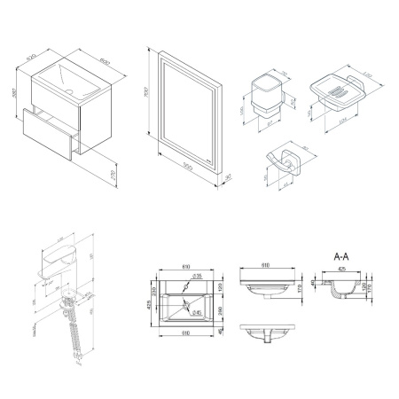 Комплект мебели: тумба 60x42x58 + раковина + смеситель + зеркало + аксессуары Am.Pm Gem BK90GM подвесной цвет черный