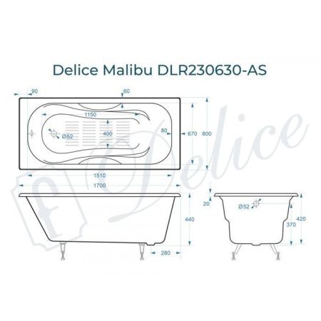 Ванна чугунная Delice Malibu DLR230630-AS 170х80 пристенная прямоугольная без ножек с антискользящим покрытием