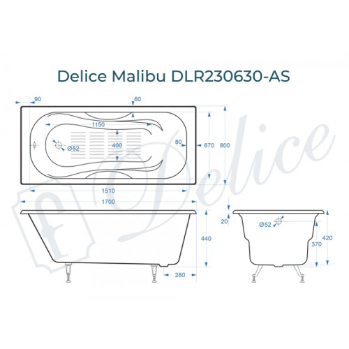 Ванна чугунная Delice Malibu DLR230630-AS 170х80 пристенная прямоугольная - фото 2