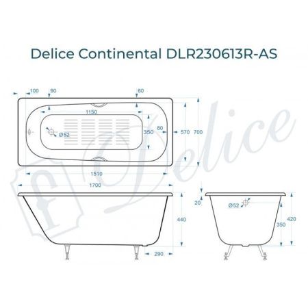 Ванна чугунная Delice Continental DLR230613R-AS 170х70 пристенная прямоугольная без ножек с отверстиями под ручки