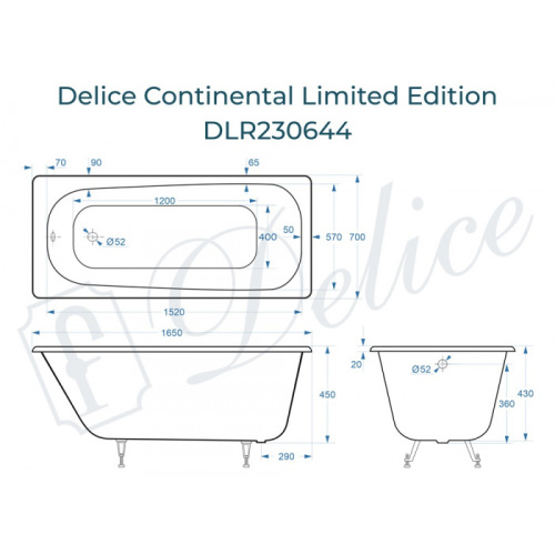 Ванна чугунная Delice Continental Limited Edition DLR230644 165х70 пристенная прямоугольная - фото 2