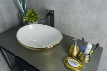 Раковина керамическая Gid Esfera 52229 40х30 накладная цвет белый/золото без отверстий под смеситель