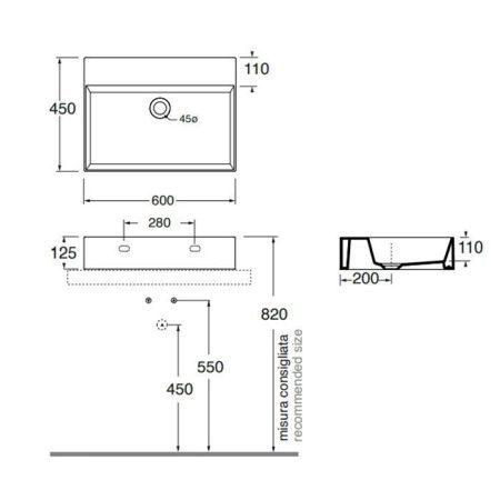 Раковина керамическая Azzurra ELEGANCE ELLP060450Q0TO*0 60 см подвесная цвет бежевый без отверстий под смеситель