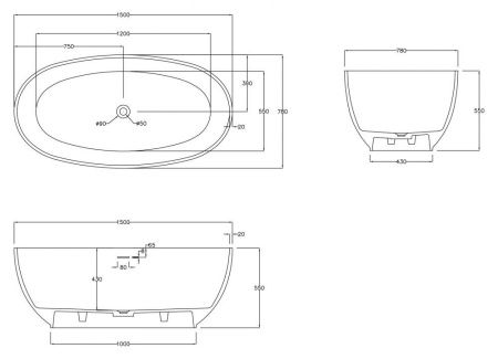 Ванна из искусственного камня Abber Stein AS9641-1.5 150х80 отдельностоящая овальная с ножками