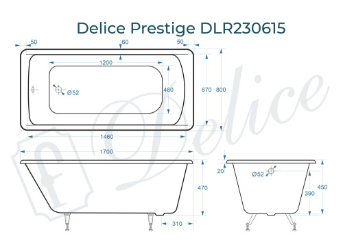 Ванна чугунная Delice Prestige DLR230615 170х80 пристенная прямоугольная без ножек - фото 3
