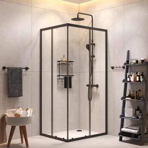 Комплект душевого уголка с душевой системой и аксессуарами Am.Pm Gem S WK93EQ стекло прозрачное профиль черный матовый без поддона