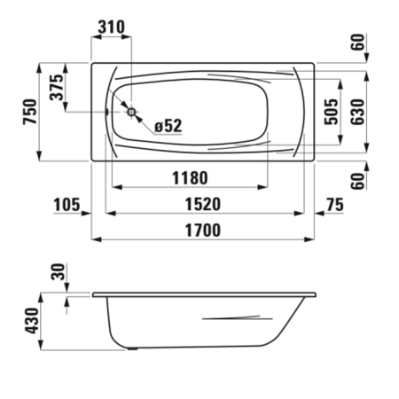 Ванна стальная Laufen Palladium 2.2511.0.600.040.1 170х75 отдельностоящая овальная без ножек