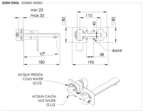 Смеситель для раковины Remer Energy EY15P встраиваемый в стену хром - фото 2