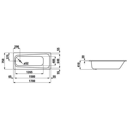 Ванна стальная Laufen Pro 2.2595.3.600.040.1 170х75 встраиваемая прямоугольная без ножек