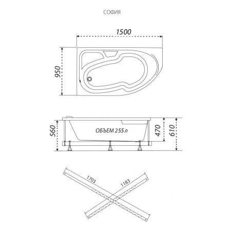 Ванна акриловая Тритон София Щ0000067269 150х95 пристенная асимметричная без каркаса