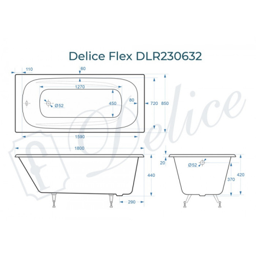 Ванна чугунная Delice Flex DLR230632 180х85 пристенная прямоугольная - фото 2