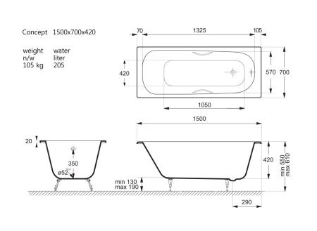 Ванна чугунная Vinsent Veron Concept VCO1507042H/VH0012BL 150х70 пристенная прямоугольная с ножками с ручками