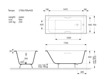 Ванна чугунная Vinsent Veron Tampa VTP1707042H/E60327CH 170х70 пристенная прямоугольная с ножками с ручками