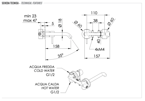 Смеситель для раковины Remer X Style Inox SSX15P встраиваемый в стену нержавеющая сталь - фото 2
