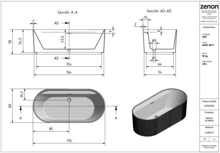 Ванна акриловая Zenon Olympia 4000.000.000.000.39658 170х80 отдельностоящая овальная