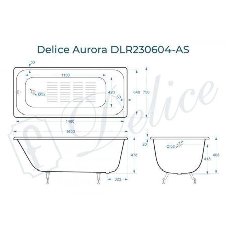 Ванна чугунная Delice Aurora DLR230604-AS 160х75 пристенная прямоугольная без ножек с антискользящим покрытием