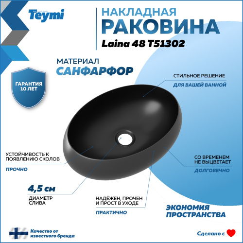 Раковина из сантехнического фарфора Teymi Laina T51302 49х34 накладная цвет черный матовый - фото 2