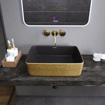 Раковина из сантехнического фаянса Grossman Color GR-3016GBL 50х40 накладная цвет черный/золото без отверстий под смеситель