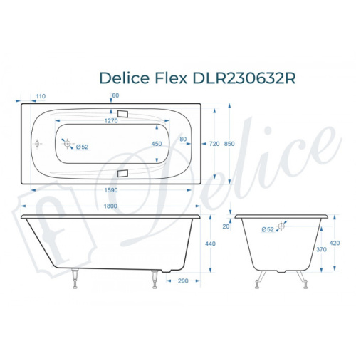 Ванна чугунная Delice Flex DLR230632R 180х85 пристенная прямоугольная - фото 2