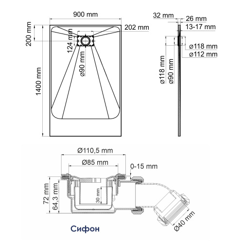 Душевой поддон WasserKRAFT Main 41T 41T36 140x90 стеклопластик белый - фото 2
