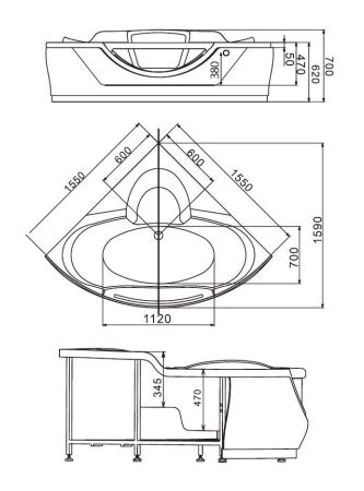Ванна акриловая гидромассажная Gemy G9025 II B 155х155 угловая четверть круга с каркасом