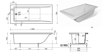 Ванна из литьевго мрамора Taliente Egoista Matt EG2316070-1Matt 160х70 пристенная прямоугольная без ножек и каркаса