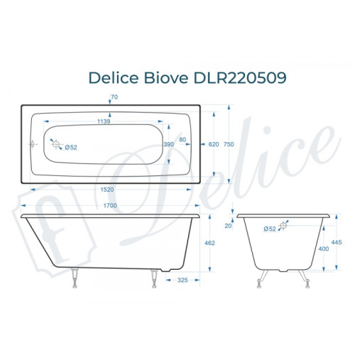 Ванна чугунная Delice Biove 170x75 пристенная прямоугольная - фото 2