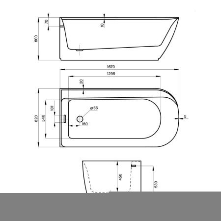 Ванна акриловая Wellsee Camellia 236101000 170х80 отдельностоящая асимметричная с ножками