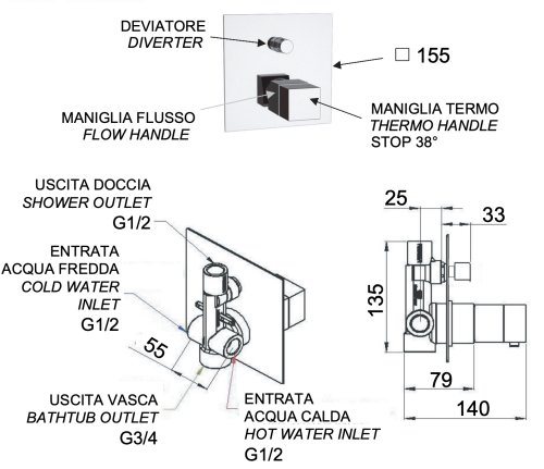 Смеситель для душа Remer Q-Elegance QT09 встраиваемый в стену хром с термостатом - фото 2